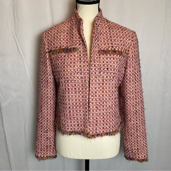 Neiman Marcus Exclusive Pink Boucle Tweed Fringe Jacket Size 4 Womens - Picture 1 of 8